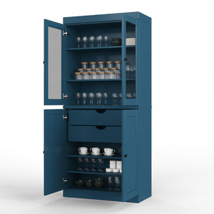 HomeRoots 72 Inch Solid Wood Pantry Cabinet with Four Doors and Two Drawers Teal Finish 753320