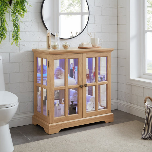 English Elm Led Curio Display Cabinet - Antique Oak Showcase With Adjustable Shelves, Remote & Lattice Doors For Home W2275P231692