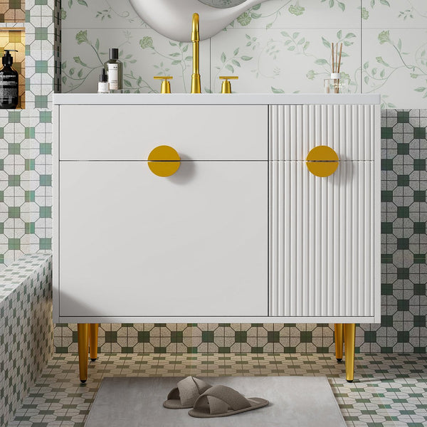 English Elm 36" Modern Bathroom Vanity with Resin Basin Sink, Soft-Closing Doors, Drop-Down Cabinet & Storage Elegance N710P265934K