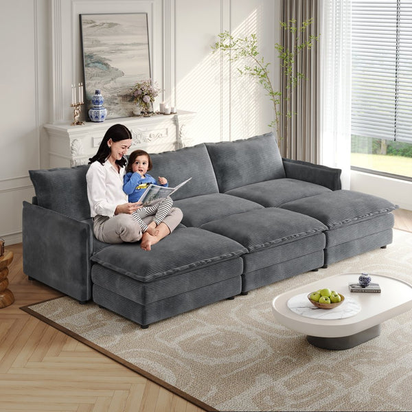English Elm Corduroy 3-Seater Cloud Sofa With Movable Footrests - Oversized Deep-Seat Comfort For Any Room W834S00444