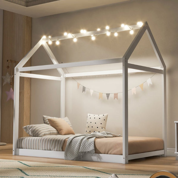English Elm Twin House Bed Pine Wood Frame with Peaked Roofline Low Profile Kids Bedroom WF197557AAK