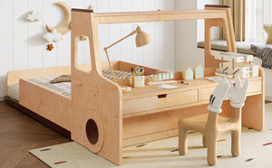English Elm Full Size Car Shaped Kids Platform Bed with Storage Drawers Integrated Desk Pine Wood Natural W1580S00489