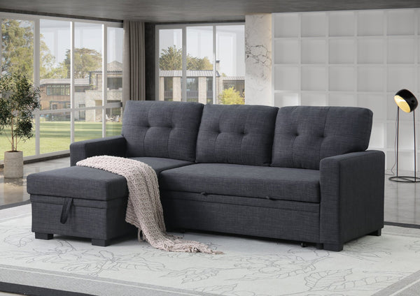 English Elm Tufted Linen Sectional Sleeper Sofa with Storage Ottoman and Reversible Chaise Dark Gray B2730S00050