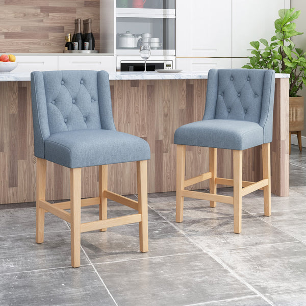 English Elm Christopher Knight Home® - Vienna Tufted Wingback Counter Stools Set of 2 — Elegant Fabric Seating, Button-Tufted Comfort, Durable Rubberwood Frame Light Blue+Natural 64853.00LBLU