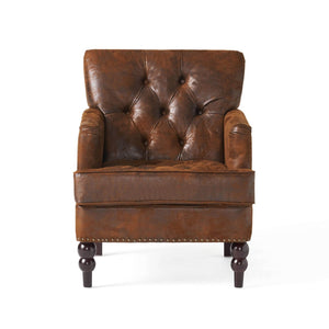 English Elm Brown Microfiber Club Chair with Tufted Back Nailhead Trim and Rubberwood Legs N758P438153B