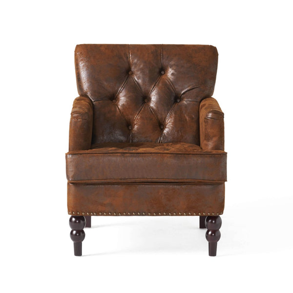 English Elm Brown Microfiber Club Chair with Tufted Back Nailhead Trim and Rubberwood Legs N758P438153B