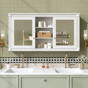 English Elm 55 Inch Wall Mount Medicine Cabinet Dual Mirrored Doors Soft Close Bathroom Vanity Storage White N710P401342K
