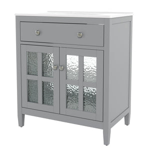 English Elm Christopher Knight Home® - 30" Bathroom Vanity with Ceramic Sink, Solid Wood Legs, Adjustable Shelf, Tip-Out Tray, Soft-Close Hinges, Silver Knobs, Moisture-Resistant Finish Gray N817P286250G