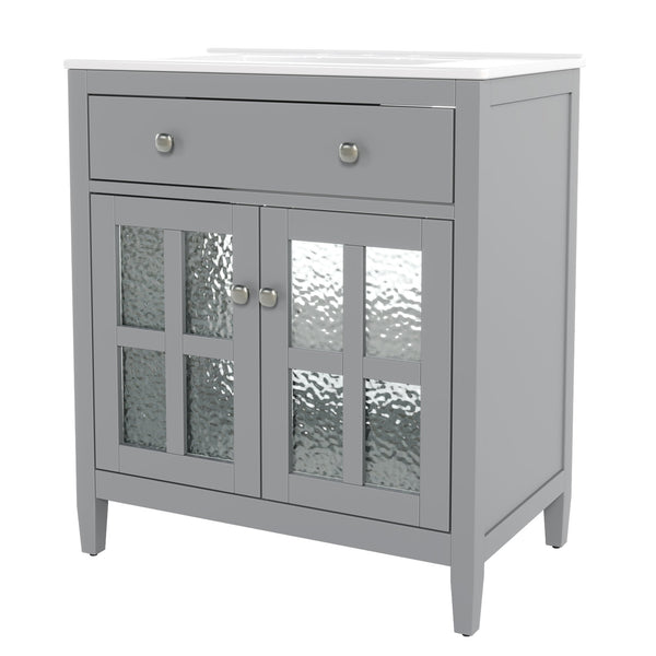 English Elm Christopher Knight Home® - 30" Bathroom Vanity with Ceramic Sink, Solid Wood Legs, Adjustable Shelf, Tip-Out Tray, Soft-Close Hinges, Silver Knobs, Moisture-Resistant Finish Gray N817P286250G