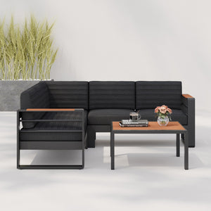 English Elm Christopher Knight Home® - Giovanna V Shaped Sofas - Black Aluminum Outdoor Conversation Set with Water-Repellent Cushions, Slat Design, Coffee Table Included GIOVANNA-4PCS