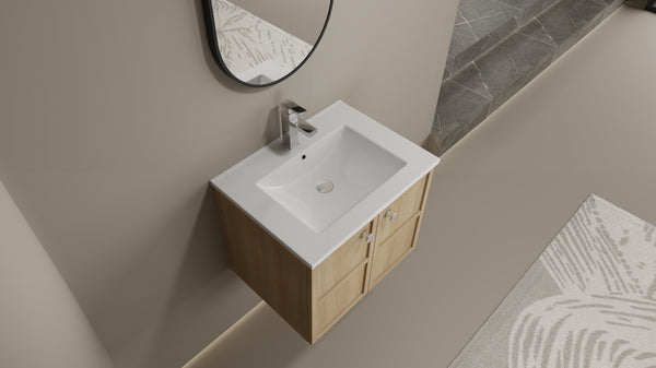 English Elm 24" Modern Wall Vanity with Ceramic Sink, Oak Plywood Cabinet, 2 Soft-Close Doors, Handles Included W1972S00021