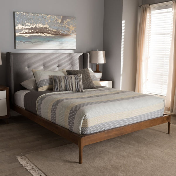 Baxton Studio Baxton Studio Brooklyn Mid-Century Platform Bed with Winged Headboard and Warm Walnut Accents King BBT6653-Grey-King-XD45