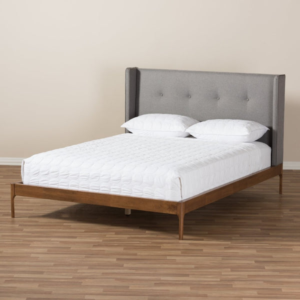 Baxton Studio Baxton Studio Brooklyn Mid-Century Platform Bed with Winged Headboard and Warm Walnut Accents King BBT6653-Grey-King-XD45