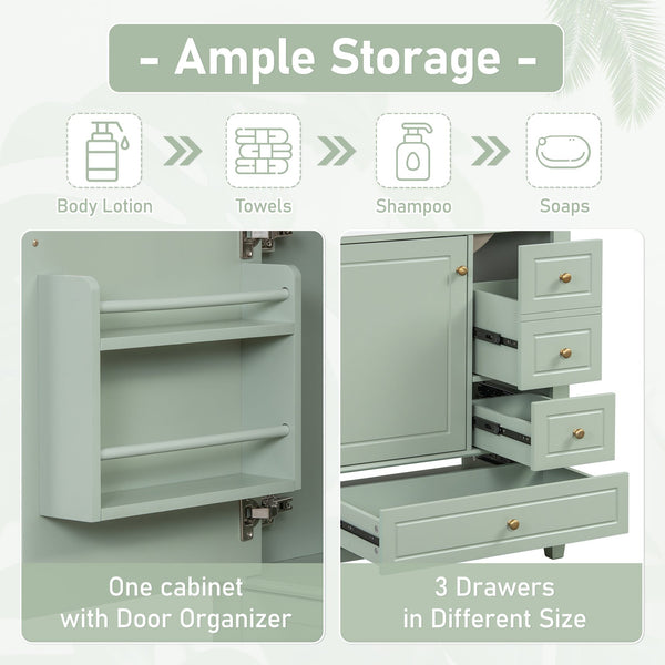 English Elm Christopher Knight Home® - 30" Freestanding Bathroom Vanity with Ceramic Sink, Soft-Close Door, Gold Knobs & 3 Drawers, Durable Painted Finish Light Green N759P225994G
