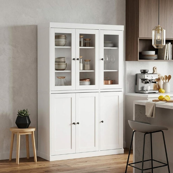 72 Inch Solid Wood White Pantry Cabinet Six Doors One Drawer Kitchen Storage Unit