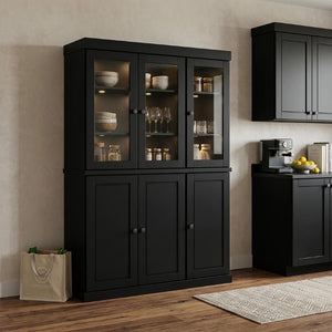 72 Inch Black Solid Wood Six Door Pantry Cabinet with Two Drawers for Kitchen
