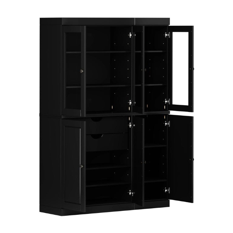 HomeRoots 72 Inch Black Solid Wood Six Door Pantry Cabinet with Two Drawers for Kitchen 753883
