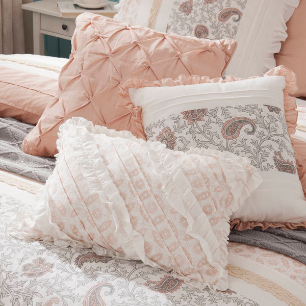English Elm 9 Piece Cotton Percale Comforter Set In Blush King - Elegant Shabby-Chic Design With Decorative Accents B03597158