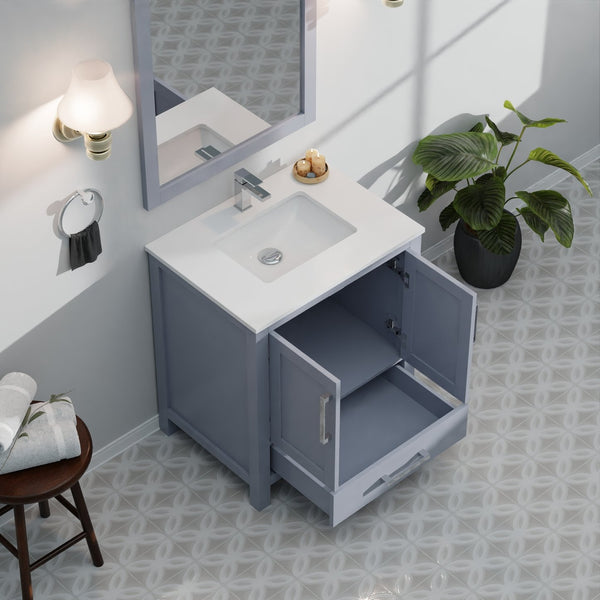 English Elm Dark Grey 30" Bath Vanity with White Quartz Top, Soft-Close Drawer, Chrome Faucet, Spacious Storage B2731P259000