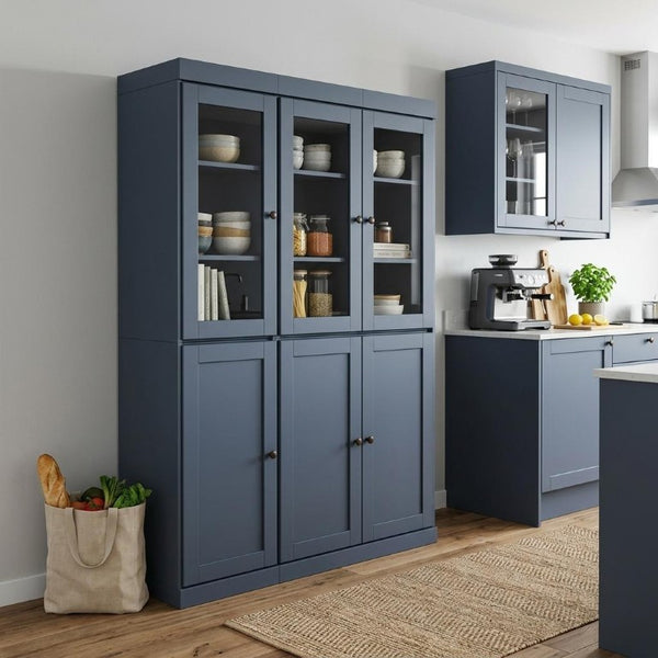 72 Inch Solid Wood Pantry Cabinet with Six Doors and Two Drawers French Blue Finish