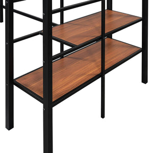 English Elm Twin Metal Loft Bed with Upper Grid Storage Shelf and 4-Layer Ladder Shelves for Space Saving Black SF100081AAB