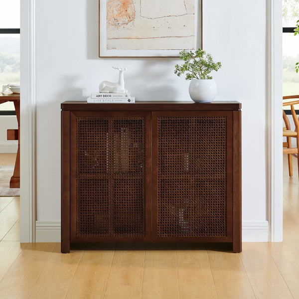 English Elm 39.4" Mid Century Modern Rattan Sideboard Buffet Cabinet with Pop-Up Doors, Charging Holes, Stylish Storage Walnut W1801P362142