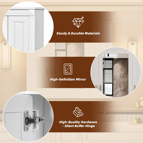 English Elm Bathroom Wall Cabinet with Mirror and 5 Shelves — Wall-Mounted Medicine Cabinet, Modern Storage Solution White N710P252503K