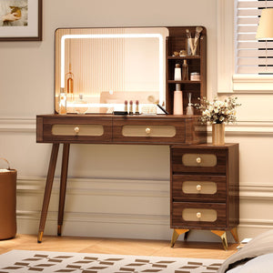 English Elm 47''Vintage Elegant Makeup Vanity with Lights and Mirror, 5-Drawer Rattan Design, Solid Wood Craftsmanship Dark Walnut 46 L x 27 W x 8 H N733P337468D