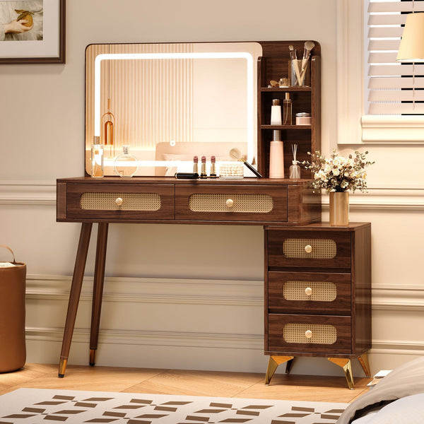 English Elm 47''Vintage Elegant Makeup Vanity with Lights and Mirror, 5-Drawer Rattan Design, Solid Wood Craftsmanship Dark Walnut 46 L x 27 W x 8 H N733P337468D