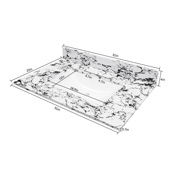 English Elm 31"X22" Bathroom Vanity Top With Undermount Sink, Panda White Artificial Marble, 3 Faucet Holes W509P362104