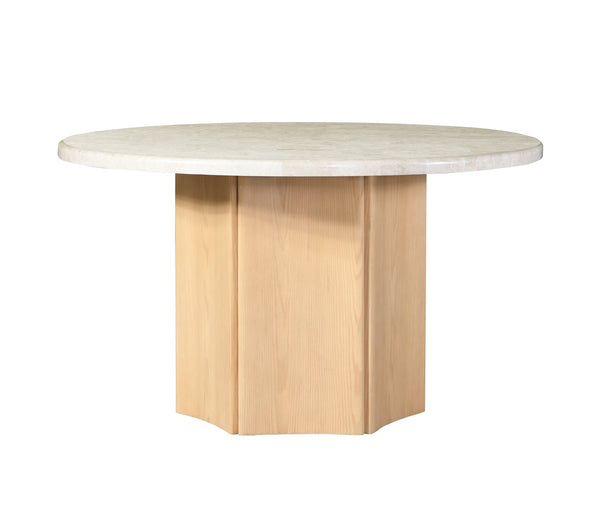 English Elm Qwin Elegant Natural Marble Top Round Dining Table with Oak Finish Curved Base – Durable Poplar Craftsmanship B2726S00088