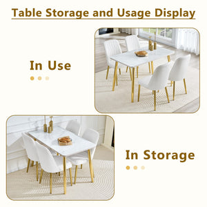 English Elm Table and Chair Set Marble Glass Top Gold Legs Pu Leather Seats Modern Dining White+Gold W1151S04635
