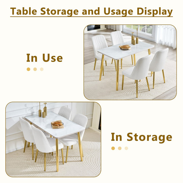 English Elm Table and Chair Set Marble Glass Top Gold Legs Pu Leather Seats Modern Dining White+Gold W1151S04635