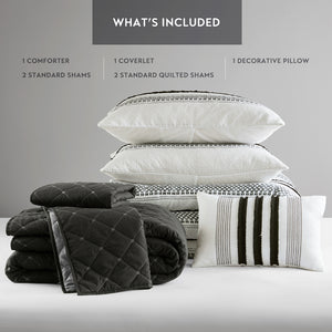 JLA Home Madison Park - 7 Piece Stripe Comforter and Quilt Set Coastal-Boho King Bedding with Plush Microfiber, Textured Coverlet, Wrinkle-Resistant Black MP10-8487