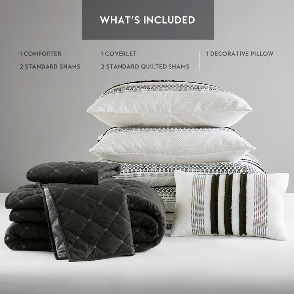 JLA Home Madison Park - 7 Piece Stripe Comforter and Quilt Set – Coastal-Boho Full/Queen Bedding, Microfiber, All-Season Layered Style Black MP10-8486