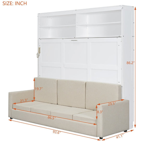 English Elm Queen Murphy Wall Bed with Integrated Sofa Linen Upholstered for Studio Apartments White LP000892AAK-1