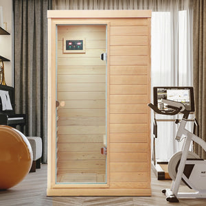 English Elm Hemlock Wood Single Person Far Infrared Sauna with Bluetooth Speaker and Glass Door W632S00007