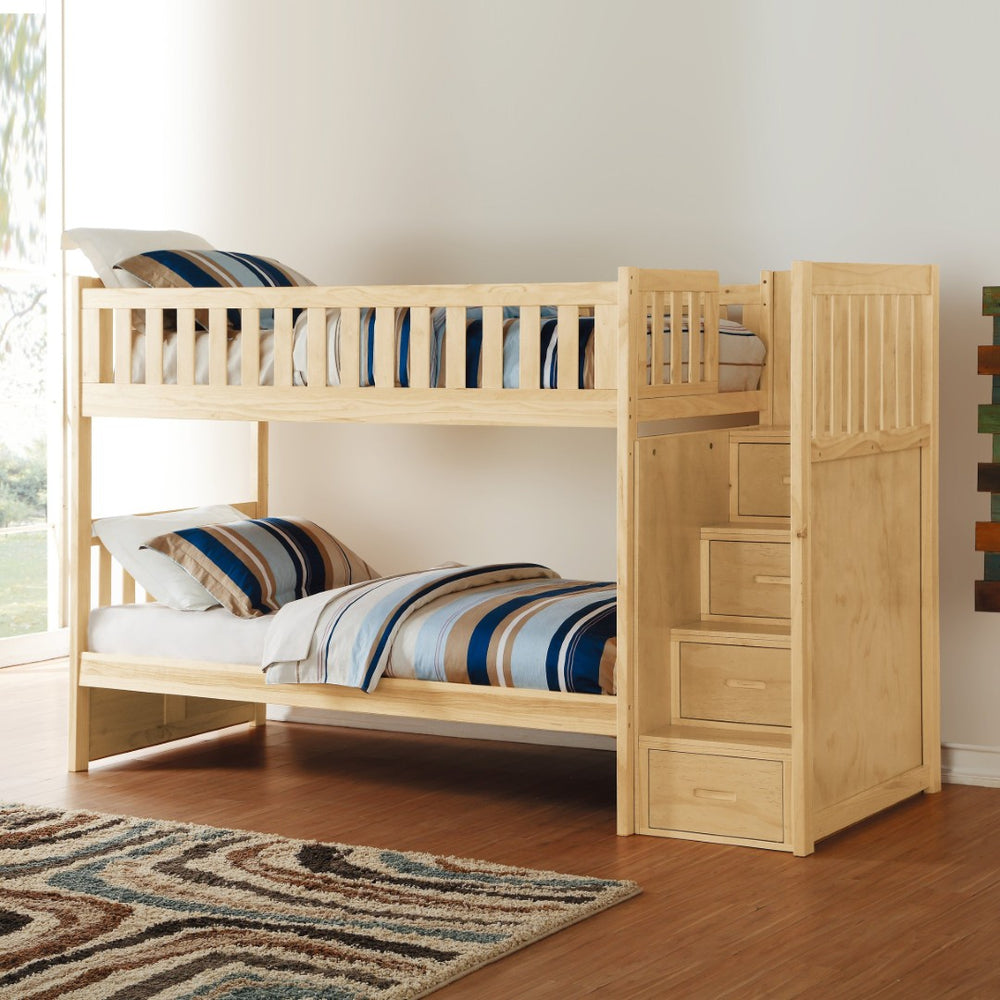English Elm Twin Over Solid Pine Bunk Bed with Stair Drawers and Safety Guard Rails B011S02428