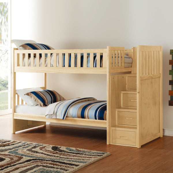 English Elm Twin Over Solid Pine Bunk Bed with Stair Drawers and Safety Guard Rails B011S02428