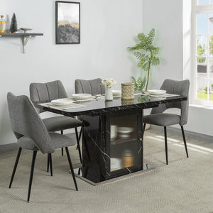 English Elm 47.24"-63"Modern Rectangle Dining Table with Extendable Top, Printed Marble Look, Sturdy Steel Base & Storage Black W757P331963