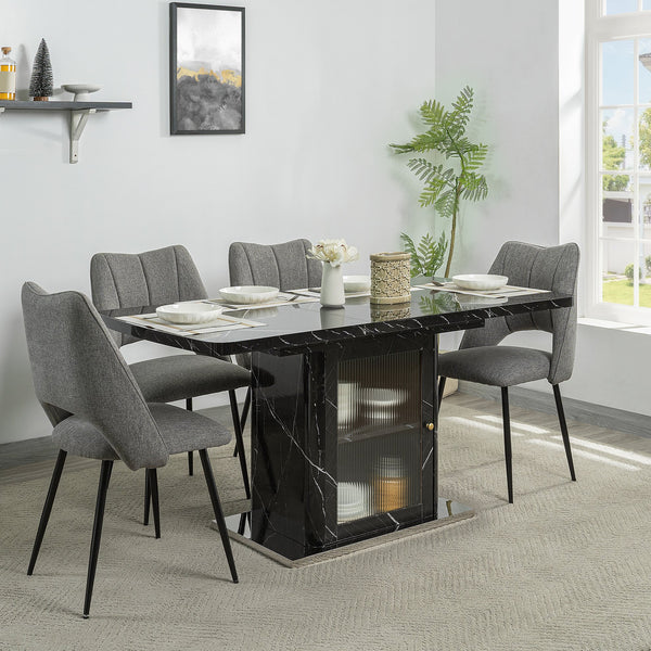 English Elm 47.24"-63"Modern Rectangle Dining Table with Extendable Top, Printed Marble Look, Sturdy Steel Base & Storage Black W757P331963