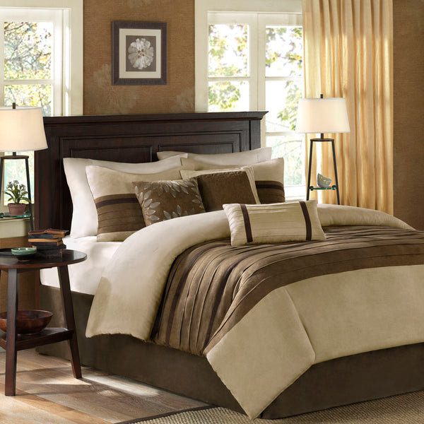 JLA Home Madison Park - 7 Piece Faux Suede Comforter Set Luxury Microsuede 7-Piece Bedding in Taupe & Brown with Decorative Pillows MP10-302