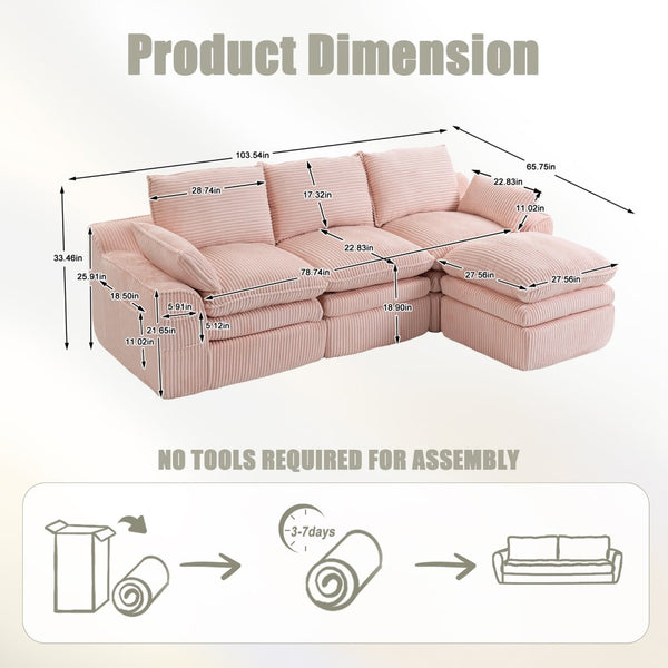 English Elm L Shaped Corduroy Modular Sectional with Cloud Cushions Footstool and Lumbar Pillows Pink W395S00138