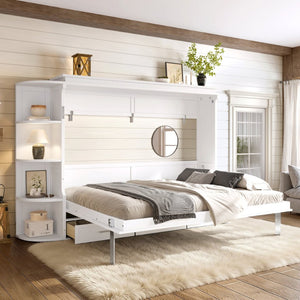 English Elm Queen Murphy Wall Bed with Side Cabinets Open Shelving and Drawers for Studio Rooms White W1580S00452