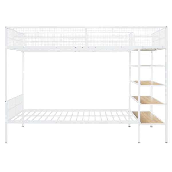 English Elm Twin Twin Over Full Metal Bunk Bed with 5-Tier Staircase Shelves, Space-Saving Storage & Wood Accents White SF000175AAK
