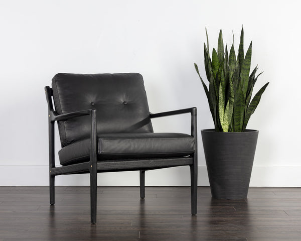 Sunpan Gilmore Lounge Chair - Bold Mid-Century Design with Solid Oak Frame and Luxurious Leather Seatback Black / Black Leather