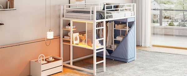 English Elm Twin Loft Bed with Built-In Desk, LED Light Strip, Power Outlet & Fabric Wardrobe for Small Rooms White SF000178AAK