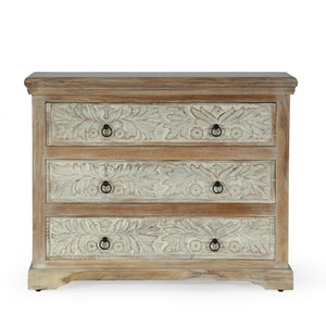English Elm Christopher Knight Home® - Acacia Handcrafted 3-Drawer Dresser 40" Wide Whitewash & Natural Boho Accent Cabinet with Rings 71756.00