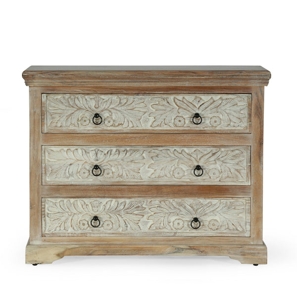 English Elm Christopher Knight Home® - Acacia Handcrafted 3-Drawer Dresser 40" Wide Whitewash & Natural Boho Accent Cabinet with Rings 71756.00