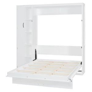 English Elm Full Size Murphy Bed with Open Shelving Wardrobe and Led Lighting for Studio Spaces White LP000898AAK-1